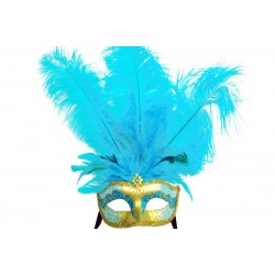 Sky Blue Gold Venetian Feather Mask