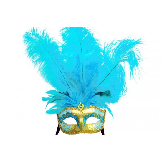 Sky Blue Gold Venetian Feather Mask