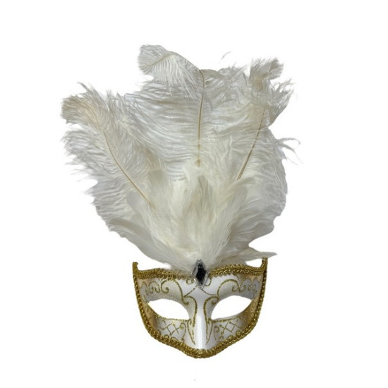 White Gold Venetian Feather Mask