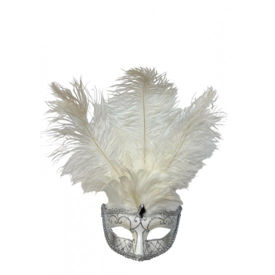 White Silver Venetian Feather Mask