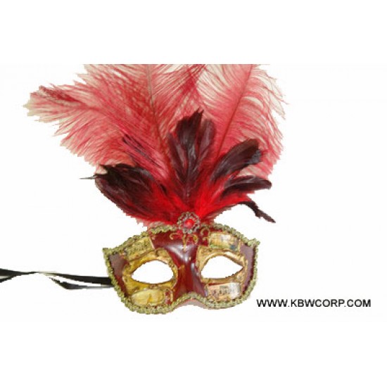 Red Venetian Mask with Feathers
