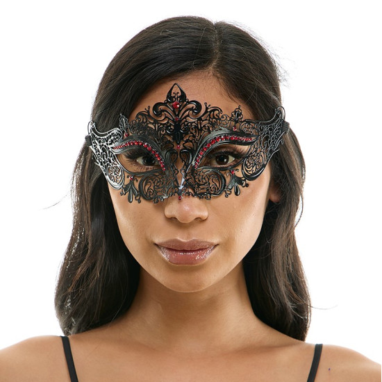 Black Filigree Masquerade Mask with Red Gems