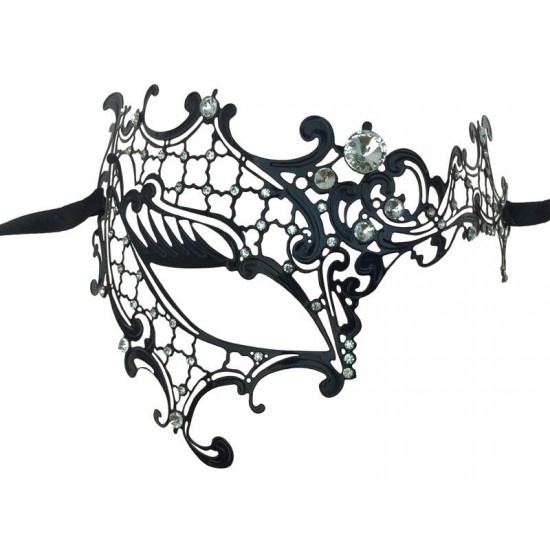 Black Filigree Masquerade Mask with Clear Gems