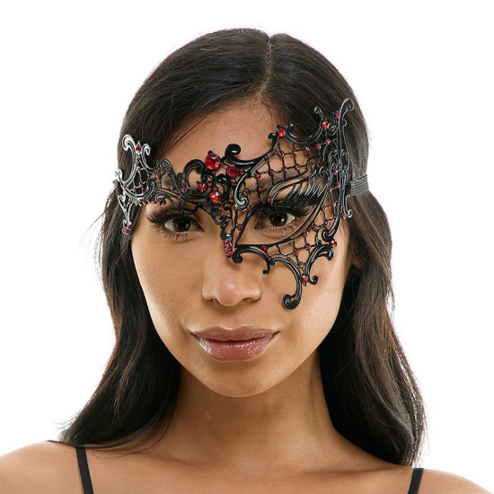 Black Filigree Masquerade Mask with Red Gems Black Filigree Masquerade Mask with Red Gems