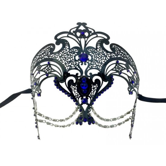 Black Filigree Masquerade Mask with Blue Gems