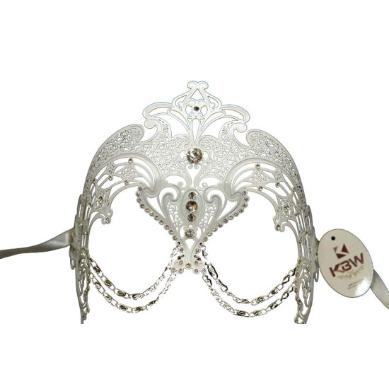White Filigree Masquerade Mask with Clear Gems White Filigree Masquerade Mask with Clear Gems