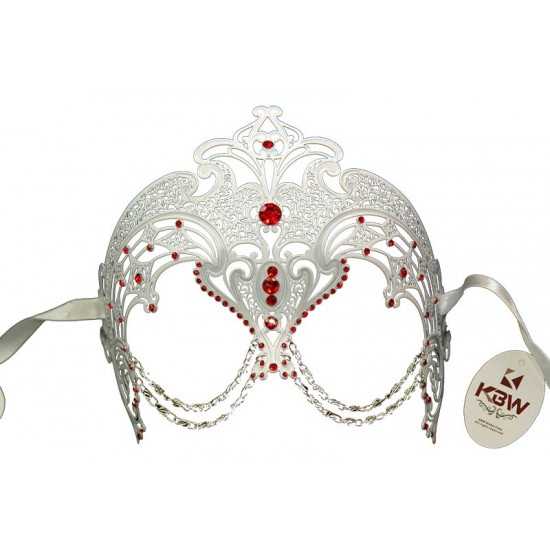 White Filigree Masquerade Mask with Red Gems