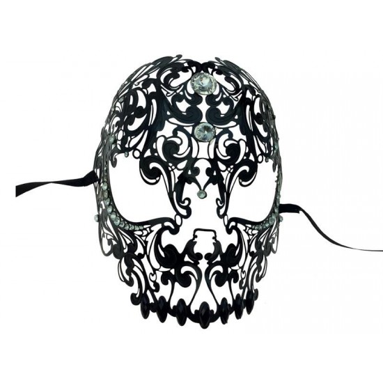 Black Skull Filigree Mask with Clear Gems