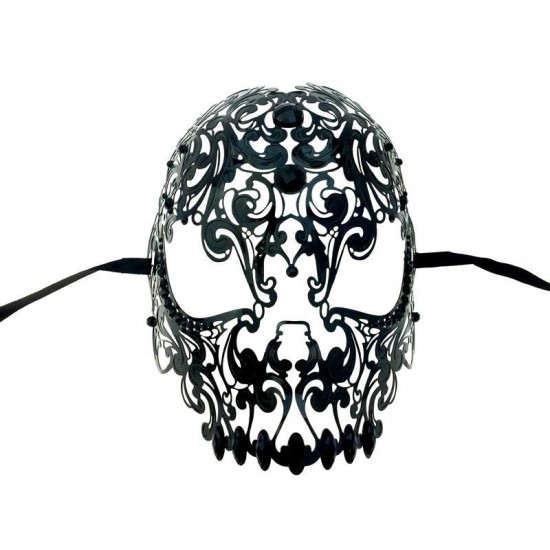 Black Skull Filigree Mask with Black Gems