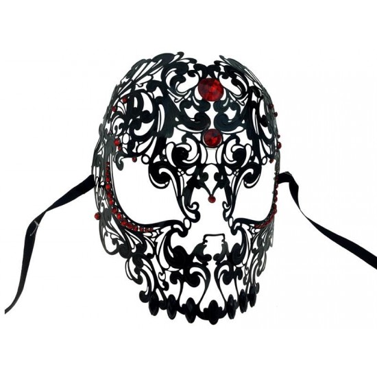 Black Skull Filigree Mask with Red Gems
