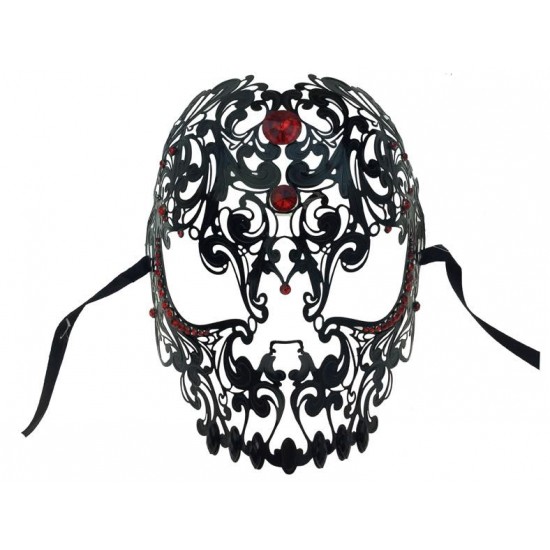Black Skull Filigree Mask with Red Gems