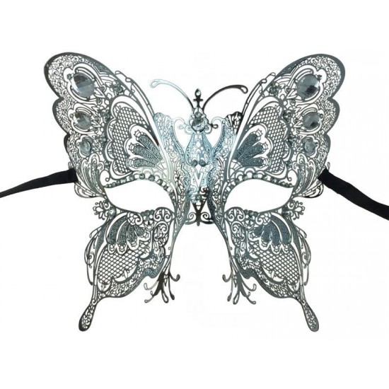 Silver Butterfly Filigree Mask with Clear Gems