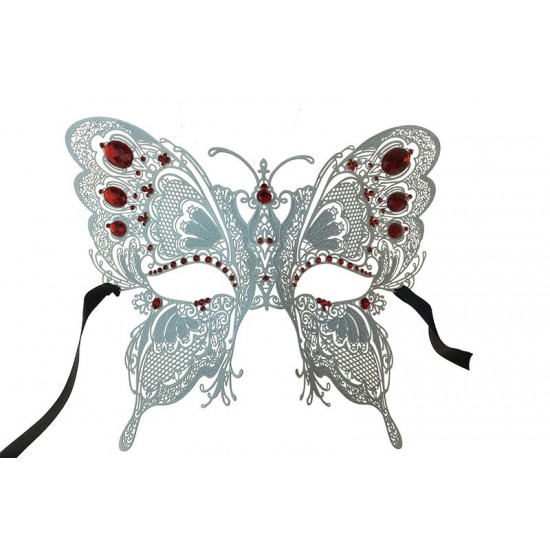 White Butterfly Filigree Mask with Red Gems
