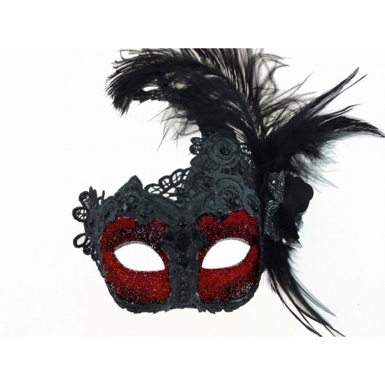 Black Red Feather Lace Mask