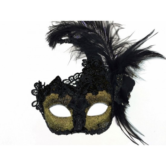 Black Gold Feather Lace Mask