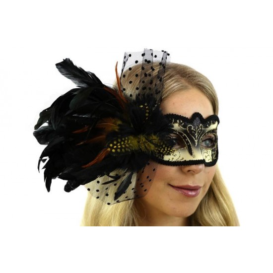 Black Gold Feather Masquerade Mask