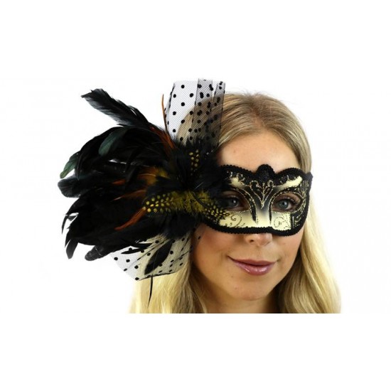 Black Gold Feather Masquerade Mask