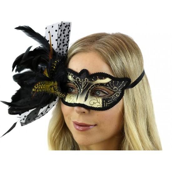 Black Gold Feather Masquerade Mask