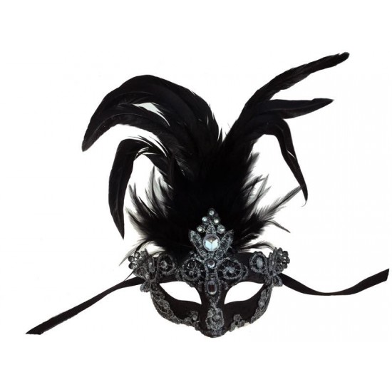 Black Silver Lace Feather Mask
