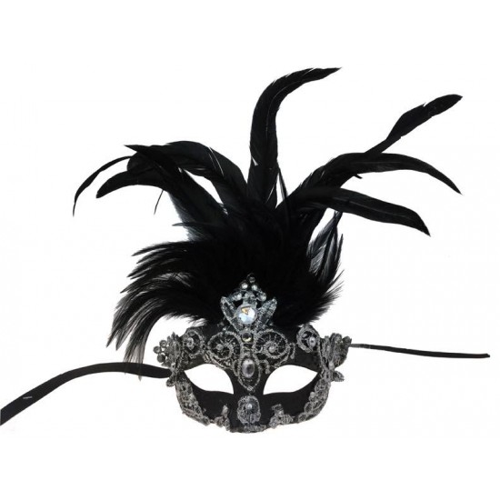 Black Silver Lace Feather Mask
