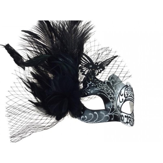 Black Silver Feather Mask