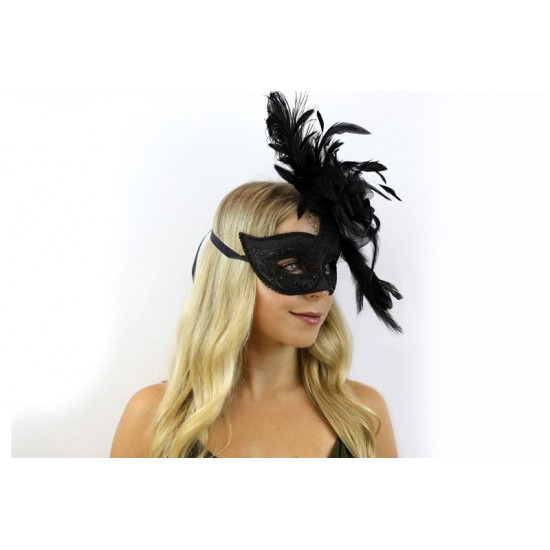 Black Glitter Feather Mask