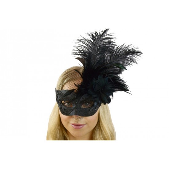 Black Glitter Feather Mask