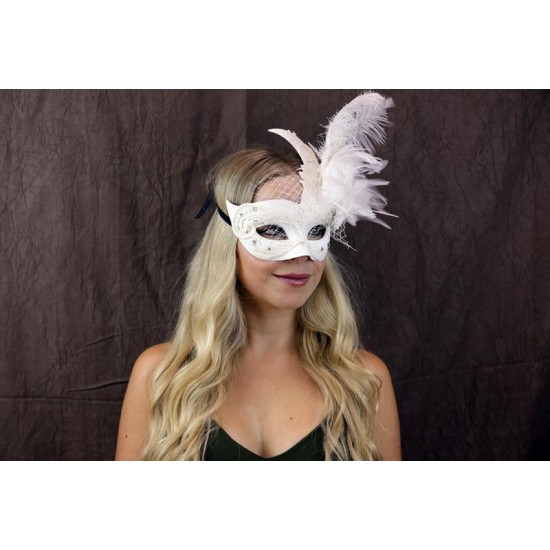White Feather Lace Masquerade Mask