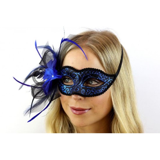 Blue Feather Lace Masquerade Mask