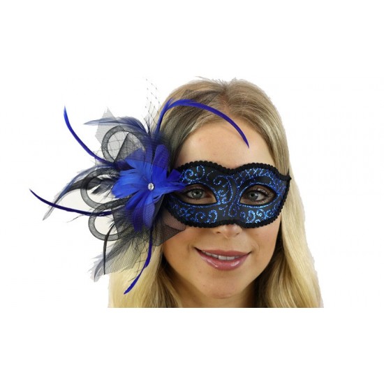 Blue Feather Lace Masquerade Mask