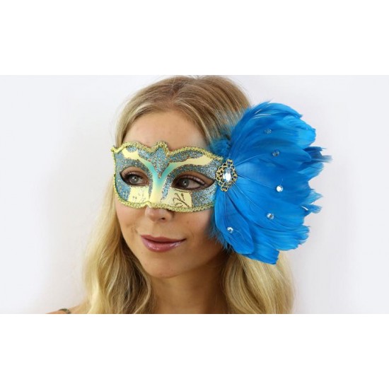 Blue Glitter Feather Mask