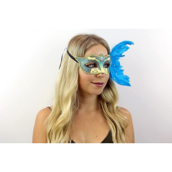 Blue Glitter Feather Mask