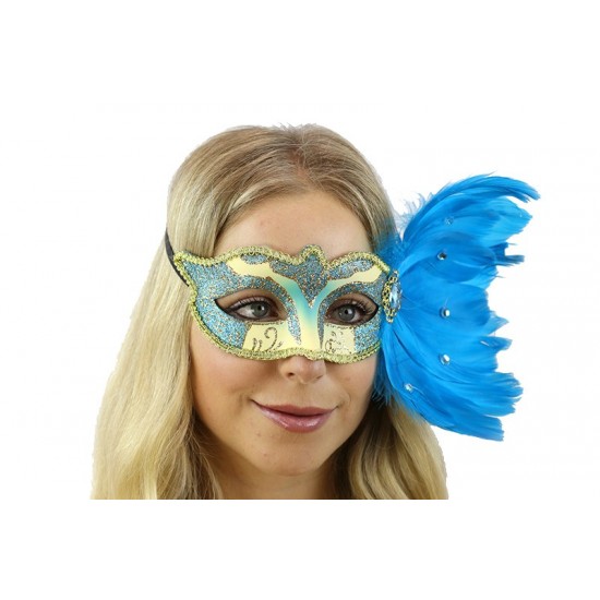Blue Glitter Feather Mask