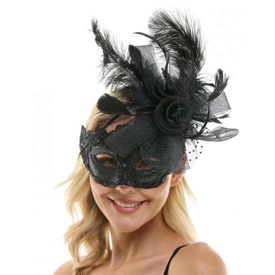 Black Lace Fascinator Mask With Feather