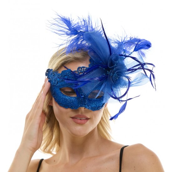 Blue Lace Fascinator Mask With Feather
