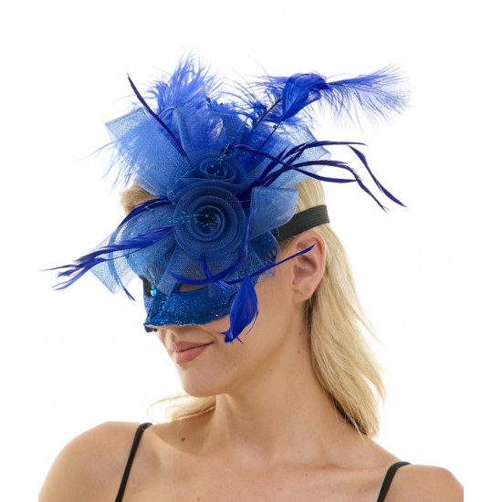 Blue Lace Fascinator Mask With Feather