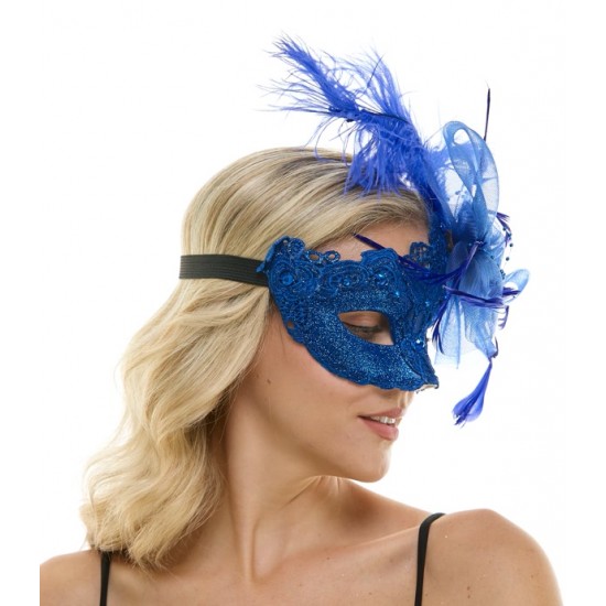 Blue Lace Fascinator Mask With Feather