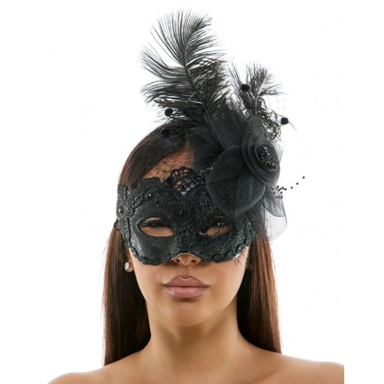 Black Lace Fascinator Mask With Feather