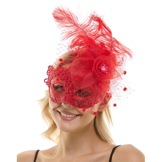 Red Lace Fascinator Mask with Feather