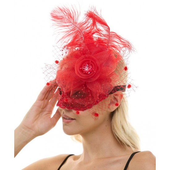 Red Lace Fascinator Mask with Feather