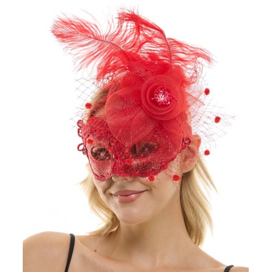Red Lace Fascinator Mask with Feather