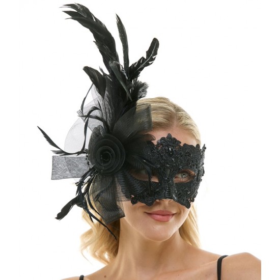 Black Lace Fascinator Mask With Feather Black Lace Fascinator Mask With Feather