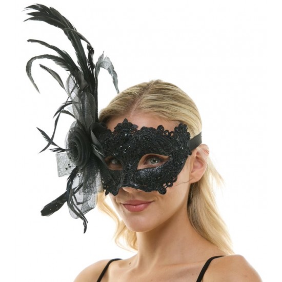Black Lace Fascinator Mask With Feather Black Lace Fascinator Mask With Feather
