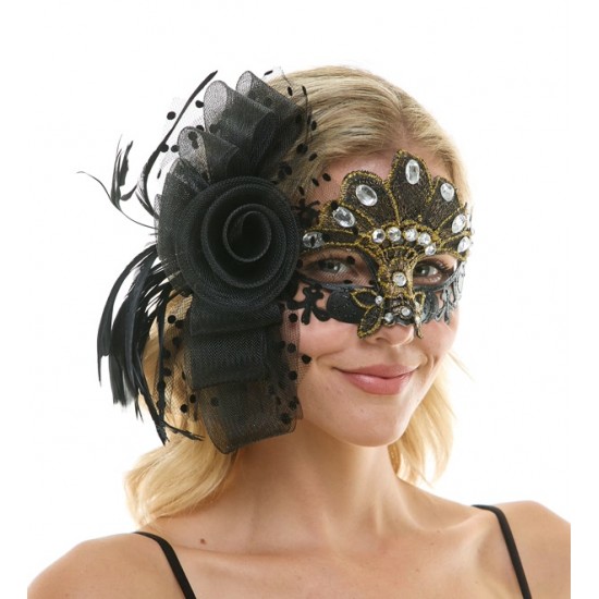 Black And Gold Gemstone Lace Fascinator Mask