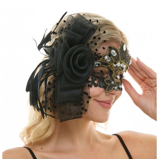 Black And Gold Gemstone Lace Fascinator Mask