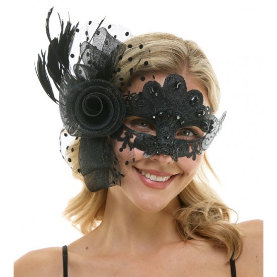Black Gemstone Lace Fascinator Mask Black Gemstone Lace Fascinator Mask