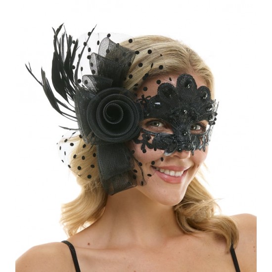 Black Gemstone Lace Fascinator Mask Black Gemstone Lace Fascinator Mask