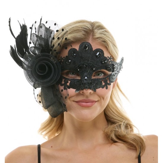 Black Gemstone Lace Fascinator Mask Black Gemstone Lace Fascinator Mask