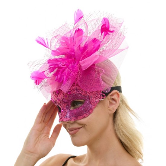 Hot Pink Lace Fascinator Mask Hot Pink Lace Fascinator Mask