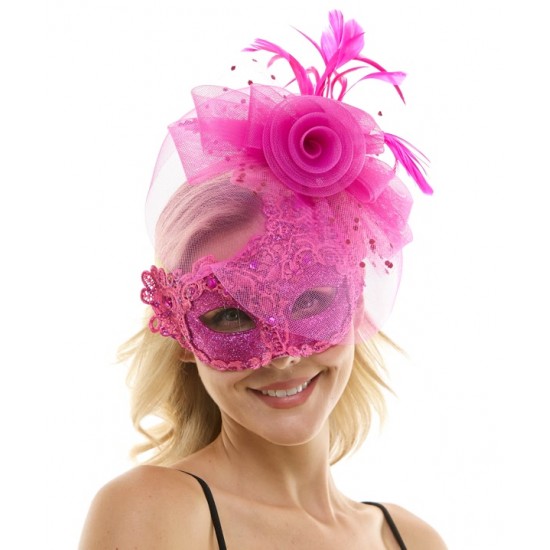 Hot Pink Lace Mask with Rose and Feathers